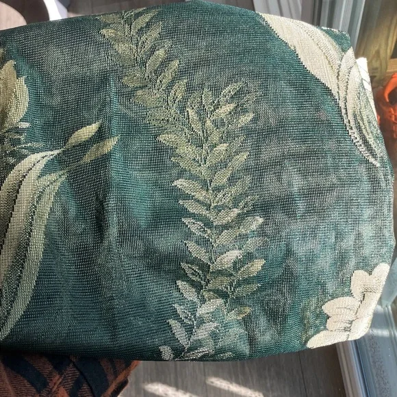 Vintage Floral Embroidered Scalloped Valance Curtain Panels Deep Green and Gold - Picture 2 of 4